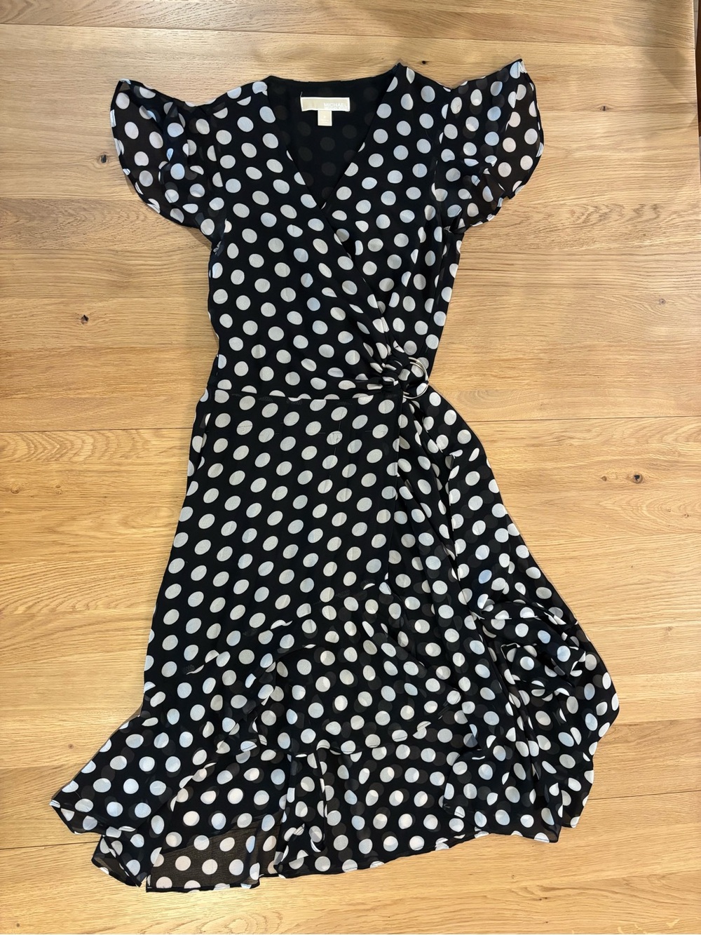 Michael Kors Black Wrap Midi Dress with White Polka Dots